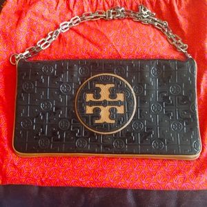 TORY BURCH  black patent leather logo with tan leather  shoulder bag.